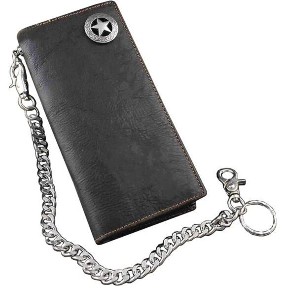 Biker Rock Star Concho Mens Card Money Long Black Real Leahter Wallet With Chain - Picture 1 of 7